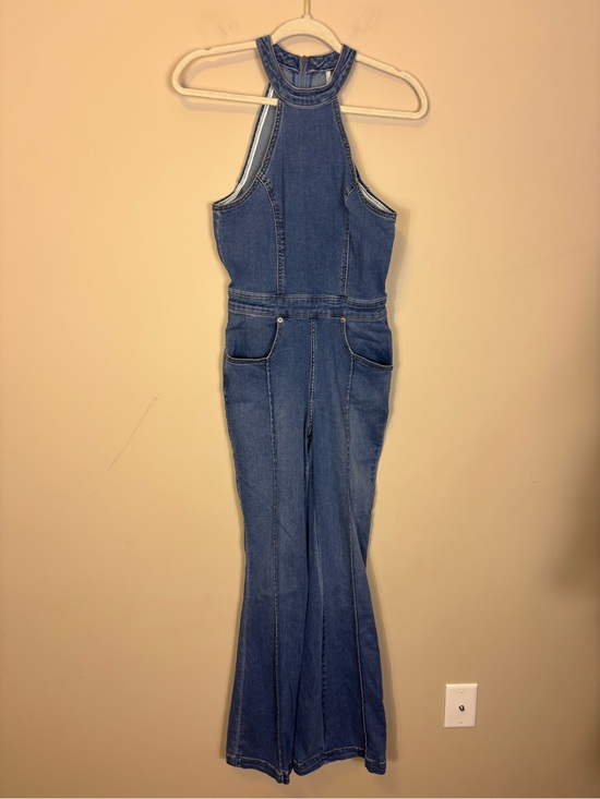 Free People Pants - Free People We The Free Blue Denim Halter Flare Jumpsuit 6 Curvy